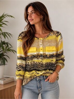 Bebe yellow black white snake camilla blouse top